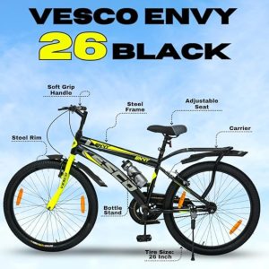VESCO Envy Black City Bike/Cycle 26T with Inbuilt Carrier | Rigid Supsension | 17 Inch Frame | Cycle for Boys/Men Road Cycle (Single Speed)