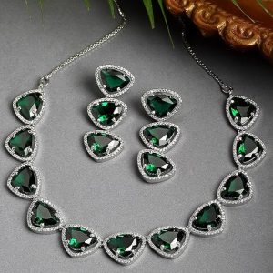 ZENEME Rhodium Plated Silver Toned Triangular Shaped American Diamond Studded Jewellery Set For Women and Girl
