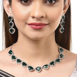 ZENEME Rhodium Plated Silver Toned Triangular Shaped American Diamond Studded Jewellery Set For Women and Girl