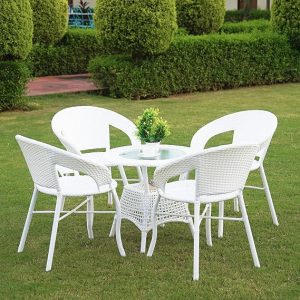 DEVOKO 5-Piece Outdoor Rattan Wicker Patio Bistro Set For Garden, Backyard, Balcony, Porch, Poolside Furniture With White All-Weather Wicker And Glass Top Table, (58 X 46 X 79Cm)