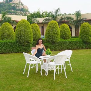 DEVOKO 5-Piece Outdoor Rattan Wicker Patio Bistro Set For Garden, Backyard, Balcony, Porch, Poolside Furniture With White All-Weather Wicker And Glass Top Table, (58 X 46 X 79Cm)