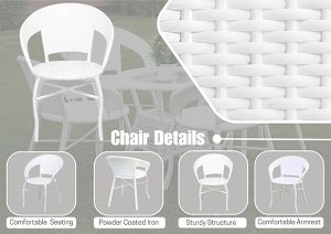 DEVOKO 5-Piece Outdoor Rattan Wicker Patio Bistro Set For Garden, Backyard, Balcony, Porch, Poolside Furniture With White All-Weather Wicker And Glass Top Table, (58 X 46 X 79Cm)