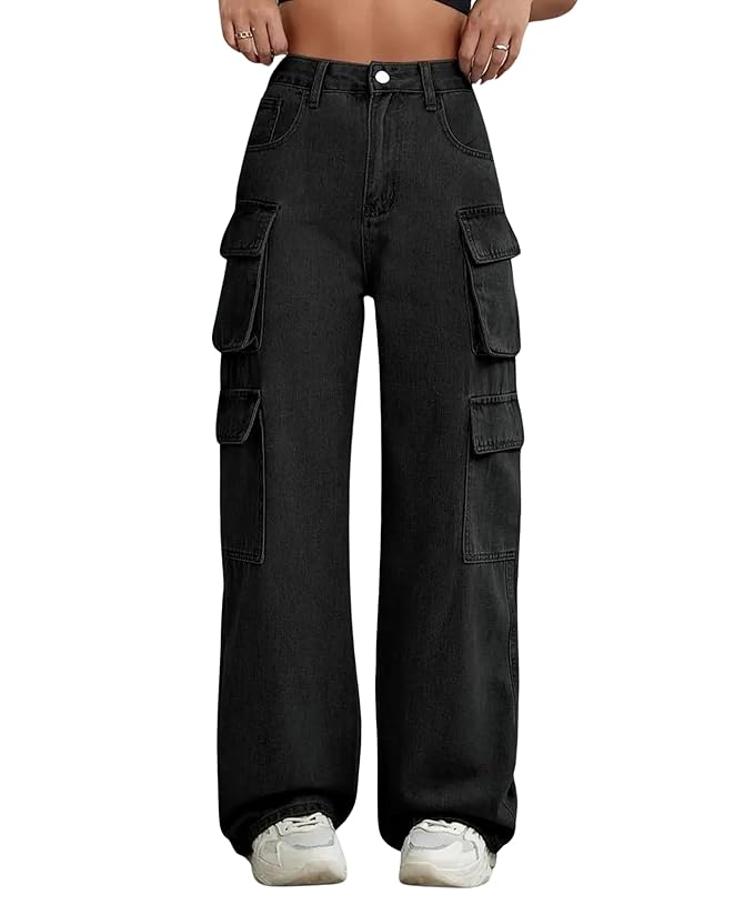 Glossia Fashion Women Cargo Jeans | High Rise Stretchable Baggy Wide LegDenim| Boyfriend Jeans for Women(WJ-1218)