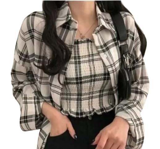 Girls White Check Regular Fit Shirt With Top (Medium