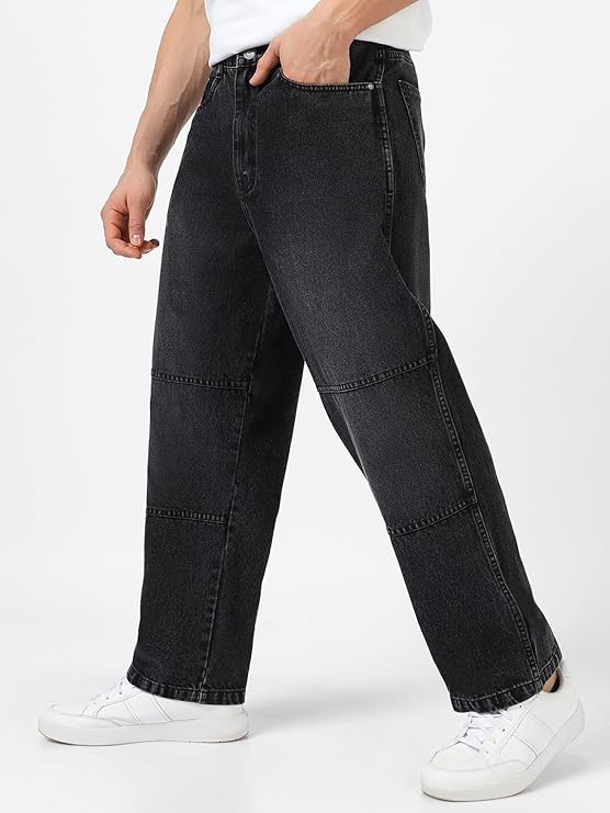 Urbano Fashion Men's Loose Baggy Fit Cut and Sew Panelled Jeans Non-Stretchable
