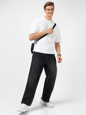 Urbano Fashion Men's Loose Baggy Fit Cut and Sew Panelled Jeans Non-Stretchable