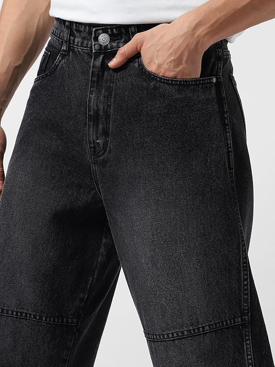 Urbano Fashion Men's Loose Baggy Fit Cut and Sew Panelled Jeans Non-Stretchable