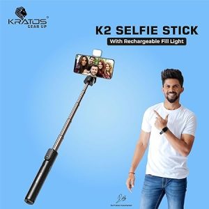 Kratos K2 Selfie Stick with Tripod Stand, 3 in 1 Multifunctional design, Rechargable LED Light with Two Brighness Levels for Make up, Selfie, Vlogging & Photo Shoot, Selfie stick with Bluetooth Remote