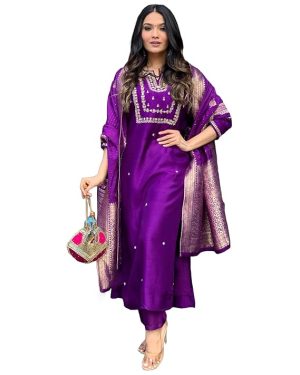 GoSriKi Women's Silk Blend Straight Embroidered Kurta with Pant & Dupatta